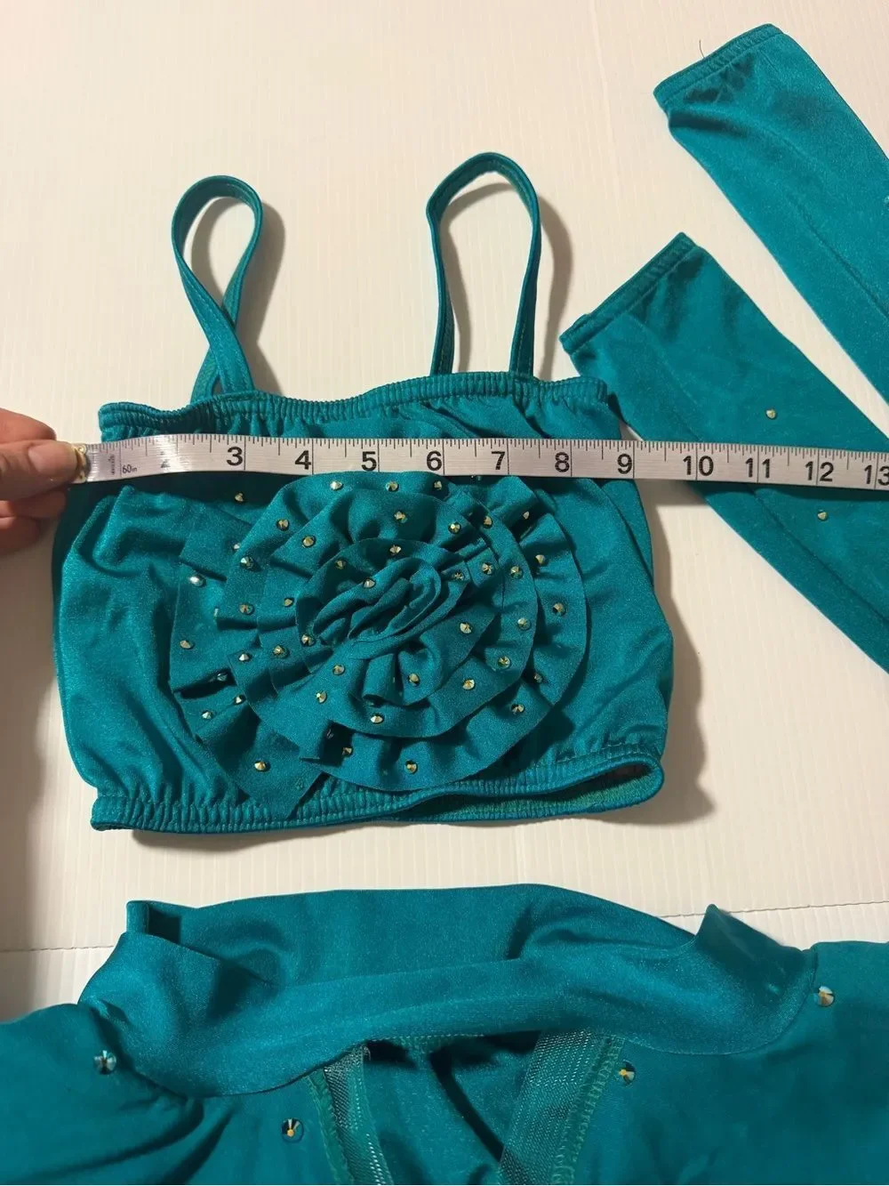 Kelle dance custom rhinestone solo costume teal 2 piece 4487 LC-large child